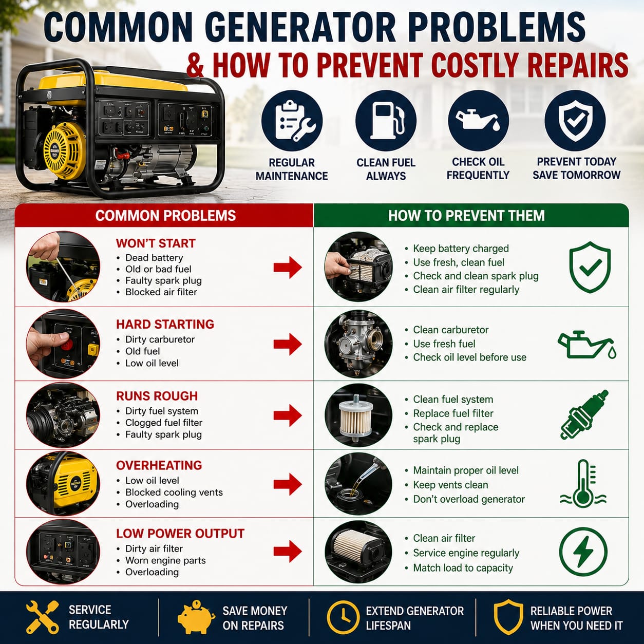 Common Generator Problems and How to Prevent Costly Repairs Common Generator Problems showing generator maintenance, engine inspection, oil checks, fuel system care, and preventive repairs.