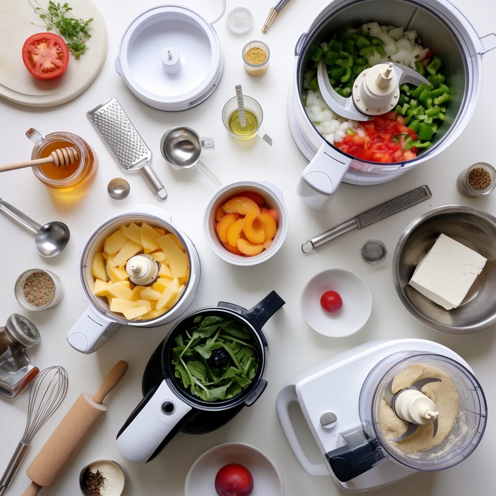 Affordable Food Processors for Busy Kitchens in 2026 featuring modern food processors with chopped vegetables, sliced fruits, dough, and kitchen preparation accessories.