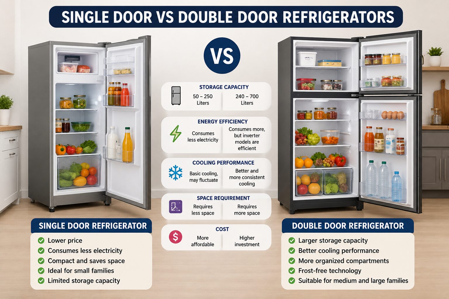 Single Door vs Double Door Refrigerators comparison showing storage capacity, cooling performance, energy efficiency, and modern kitchen appliances.