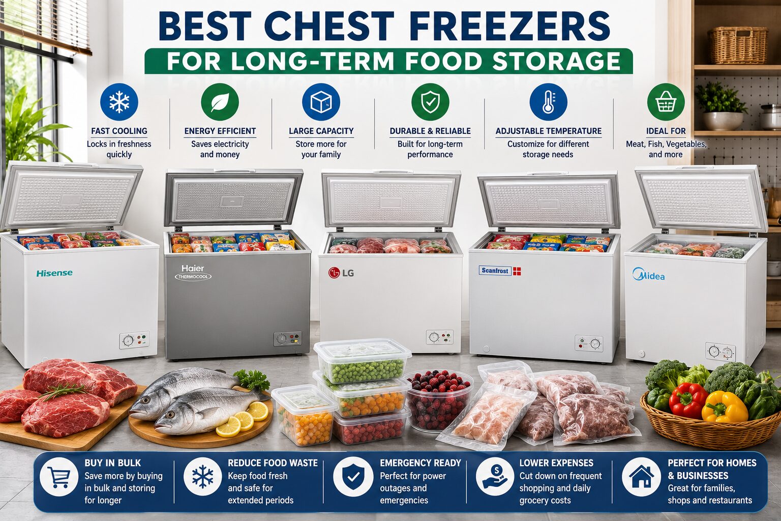 Best Chest Freezers for Long-Term Food Storage featuring spacious energy-efficient freezers preserving frozen foods for extended periods.