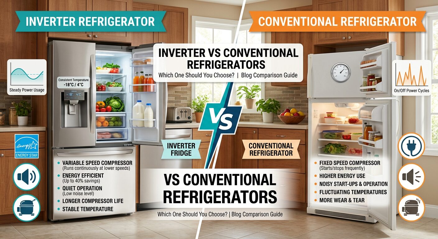 Inverter Refrigerators vs Conventional Refrigerators comparison showing energy efficiency, cooling performance, compressor technology, and modern kitchen appliances.