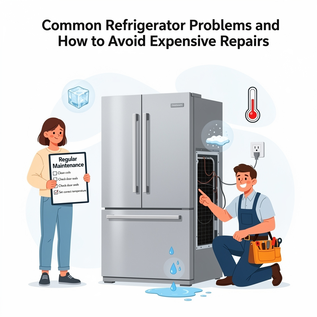 Common Refrigerator Problems and How to Avoid Expensive Repairs showing refrigerator maintenance, troubleshooting, cleaning, and repair prevention tips.