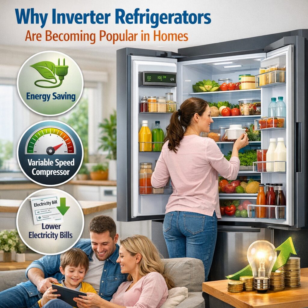 Why Inverter Refrigerators Are Becoming Popular in Homes featuring modern energy-efficient refrigerator technology in a contemporary kitchen.
