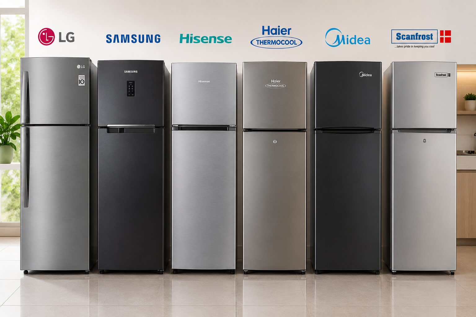 Top Refrigerators in Nigeria featuring modern LG, Samsung, Hisense, Haier Thermocool, Midea, and Scanfrost refrigerator models.
