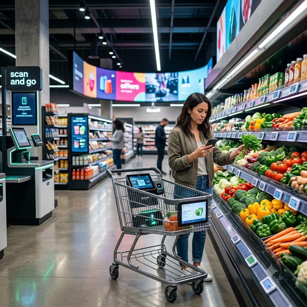 Futuristic grocery store with AI-powered shopping technology, Nigeria