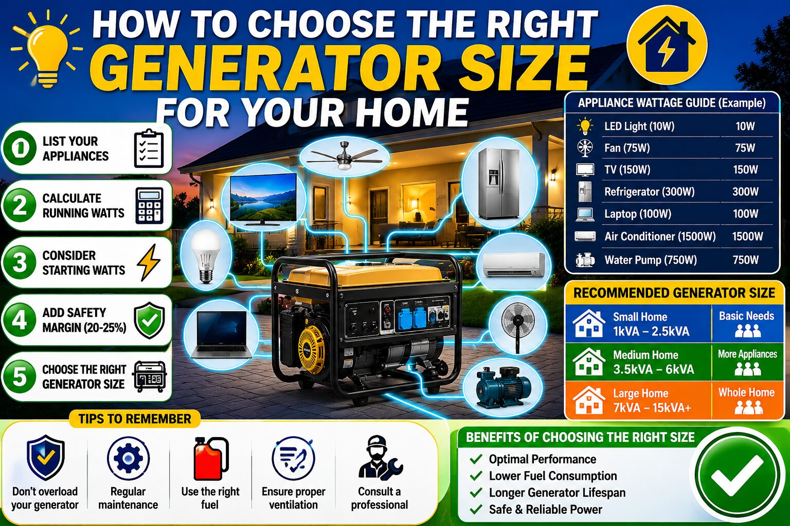 How to Choose the Right Generator Size for Your Home showing household appliances, generator capacity calculations, and backup power planning.