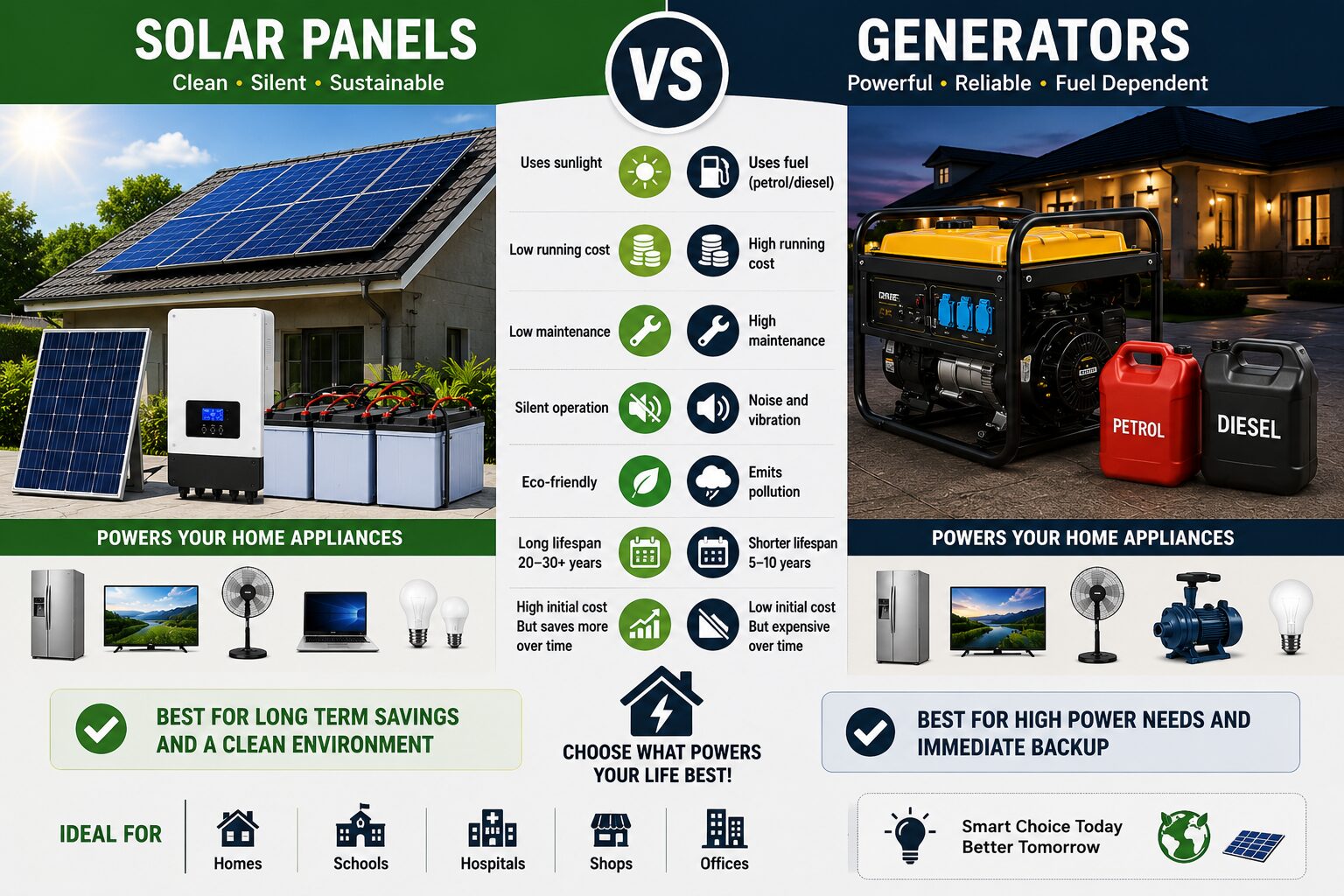 Solar Panels vs Generators comparison showing rooftop solar panels, backup generator, household appliances, and alternative power solutions.