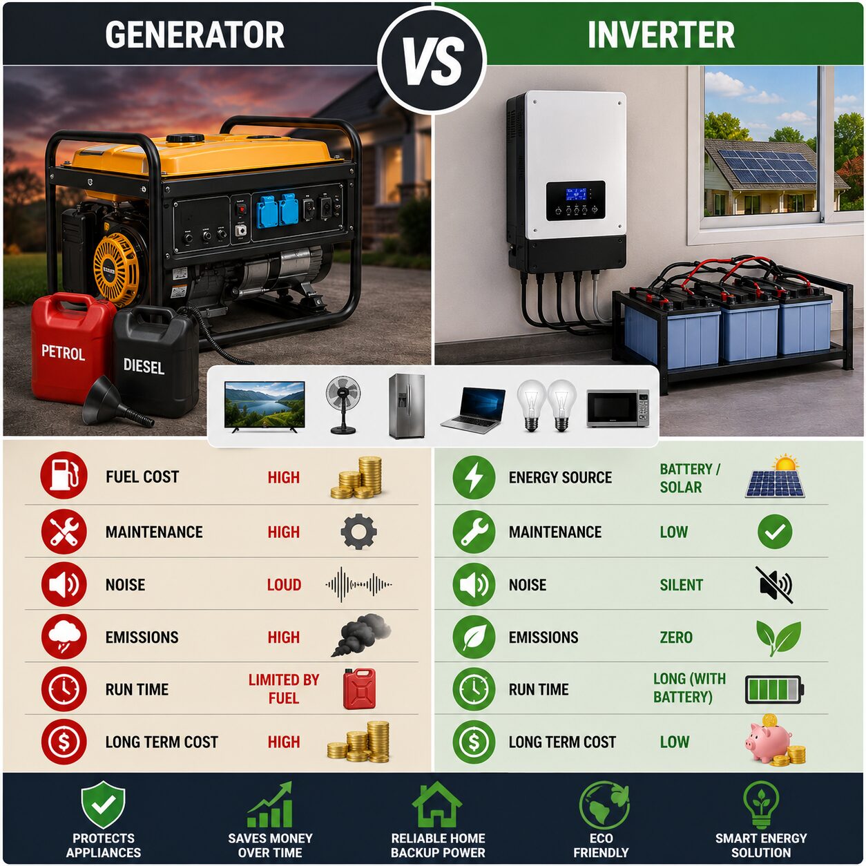 Generator vs inverter comparison showing backup power systems, home appliances, batteries, fuel usage, and energy savings benefits.