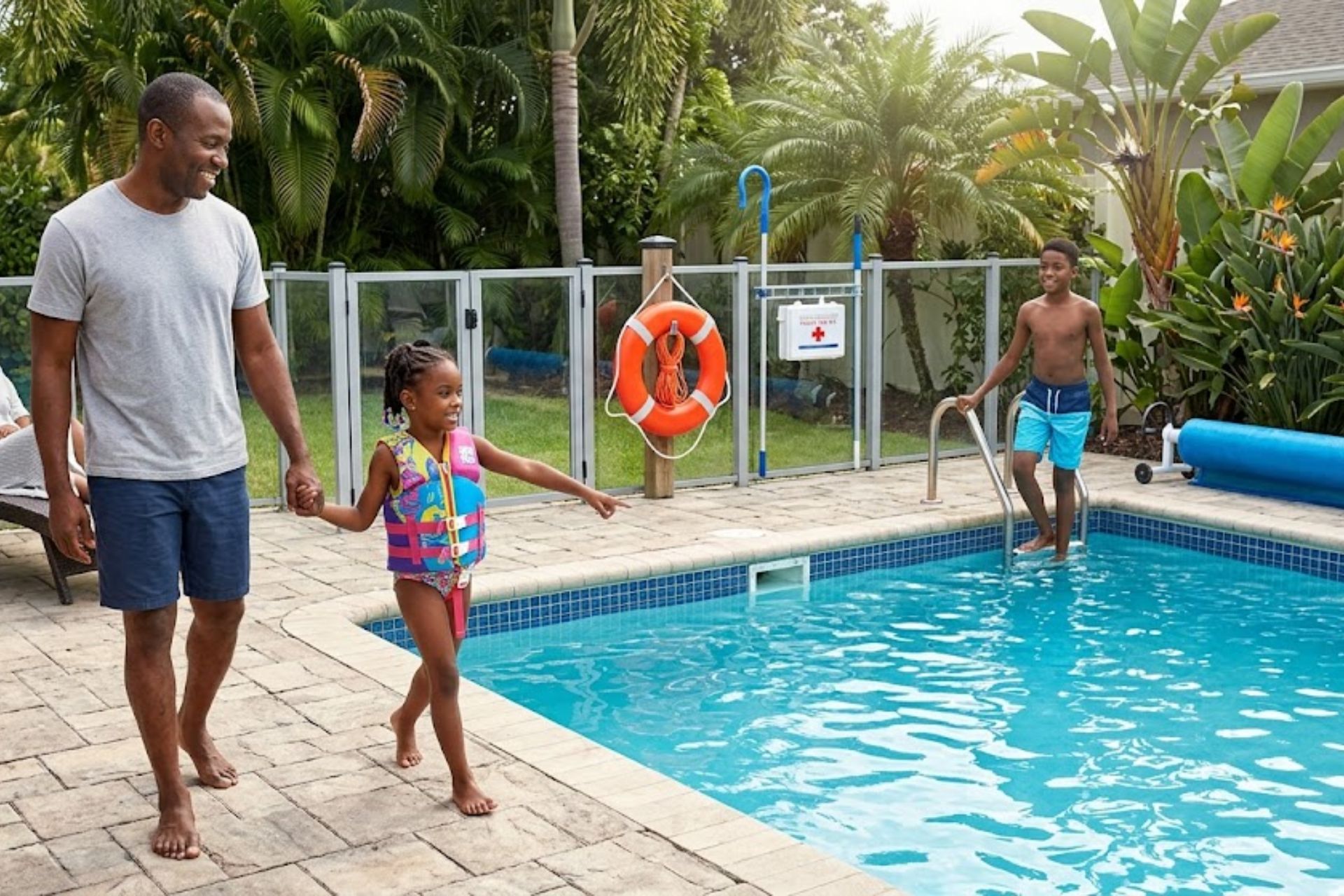 Best Safety Equipment Every Family Pool Should Have Pool safety ring and rescue equipment beside a swimming pool