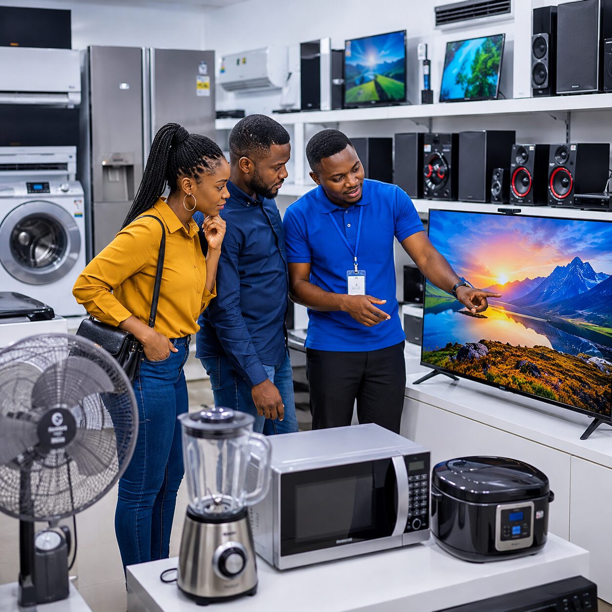 Home electronics buying guide Nigeria showing shoppers comparing televisions, speakers, refrigerators, and appliances before making purchases.