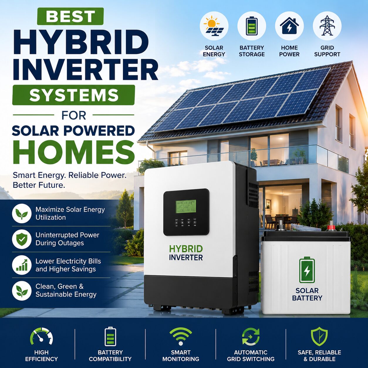 Best Hybrid Inverter Systems for Solar Powered Homes with solar panels and battery storage providing reliable electricity.