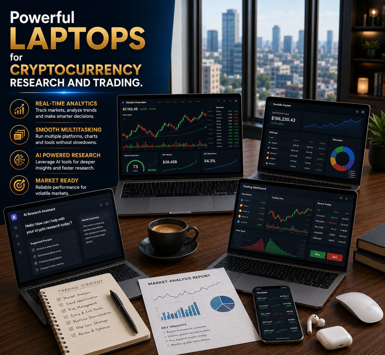 ryptocurrency trading workspace featuring market analytics dashboards, trading charts, research tools and productivity laptops.