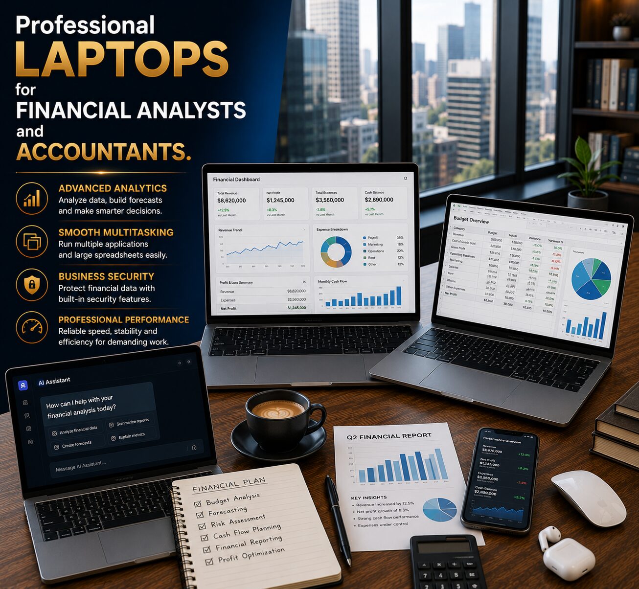 Professional financial workspace featuring laptops with accounting software, financial dashboards, spreadsheets and productivity applications.
