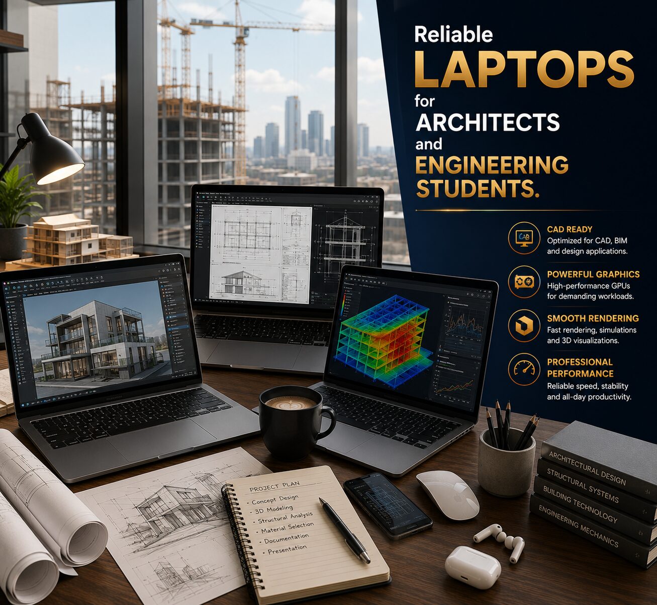 Reliable Laptops for Architects and Engineering Students Professional architecture workspace featuring CAD software, engineering models, design projects, productivity tools and powerful laptops.