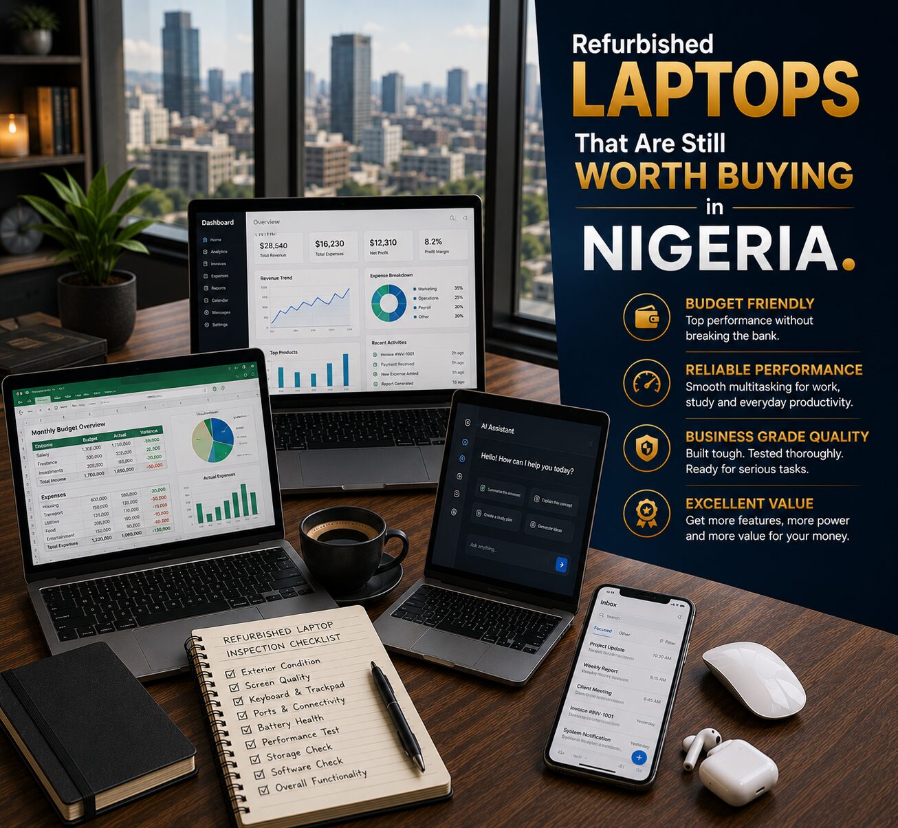 Premium refurbished laptop workspace featuring productivity software, business applications, online learning tools and reliable performance.