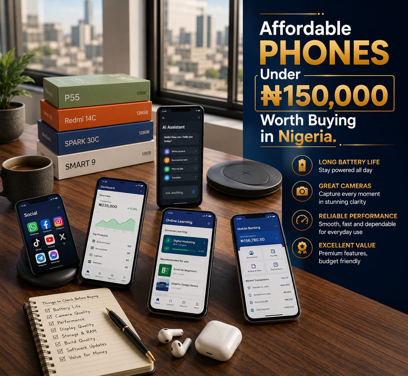 Affordable smartphones under ₦150,000 featuring modern designs, reliable performance, good cameras and long battery life.