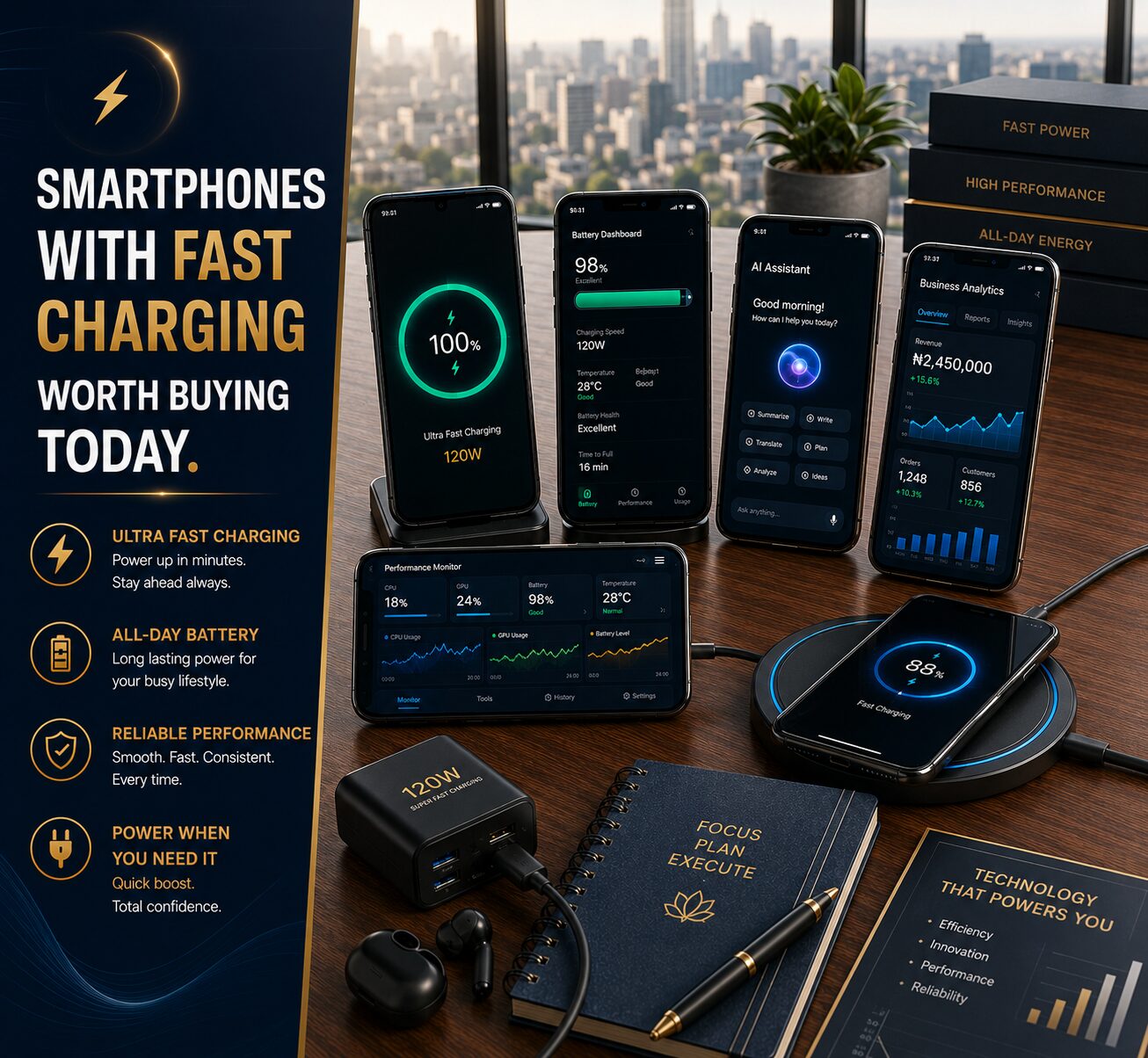 Modern smartphones with fast charging technology displaying battery indicators, productivity apps and all-day performance features.
