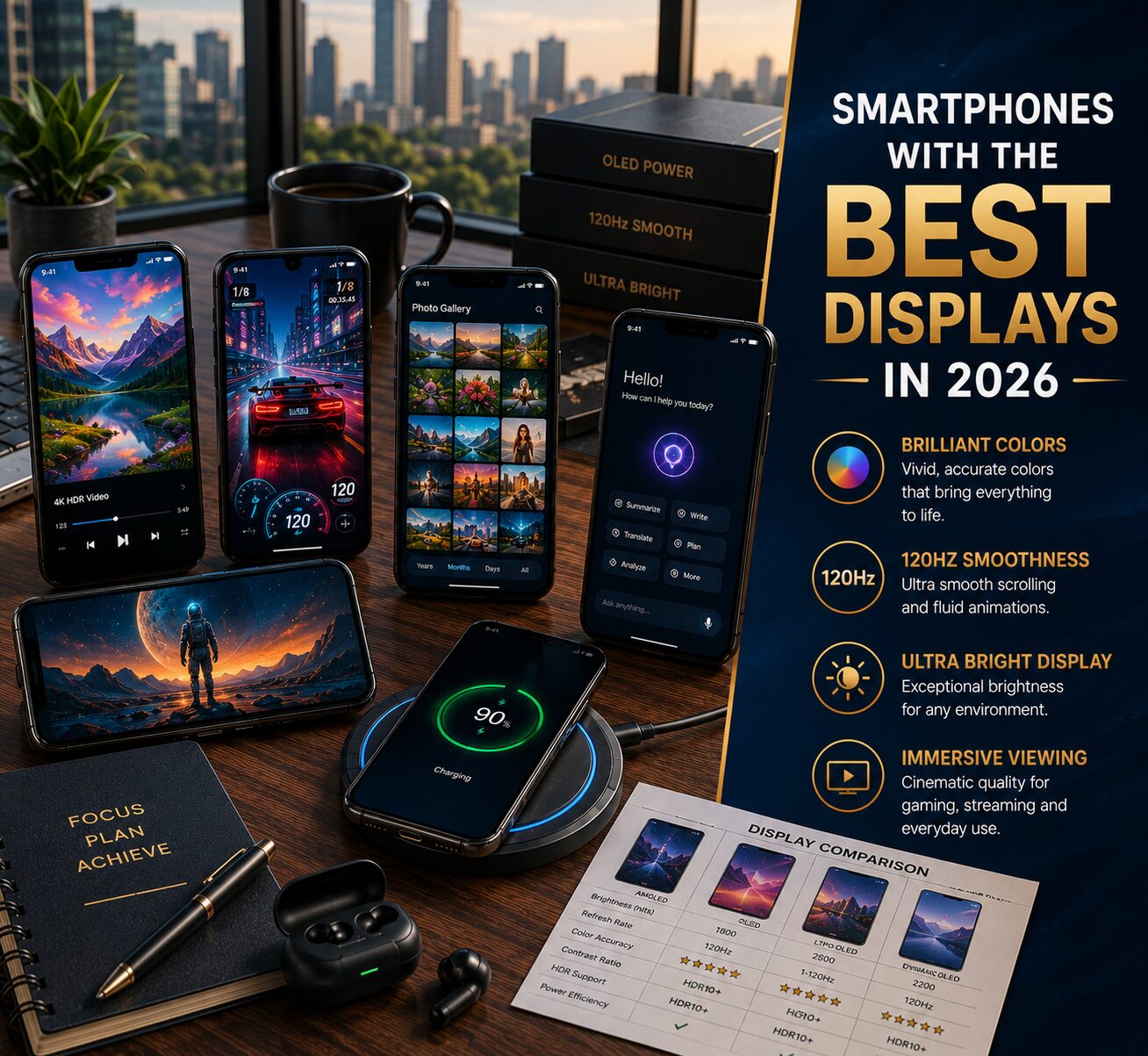 Premium smartphones featuring vibrant displays, smooth refresh rates, stunning visuals and immersive viewing experiences in 2026.