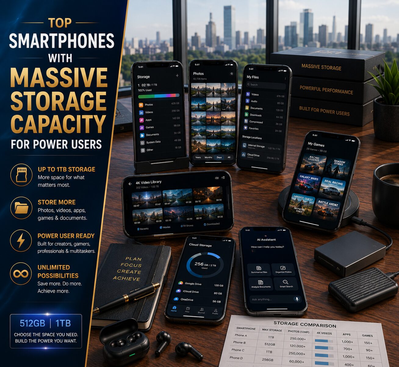 Premium smartphones featuring massive storage capacity, productivity tools, media libraries and powerful multitasking performance.