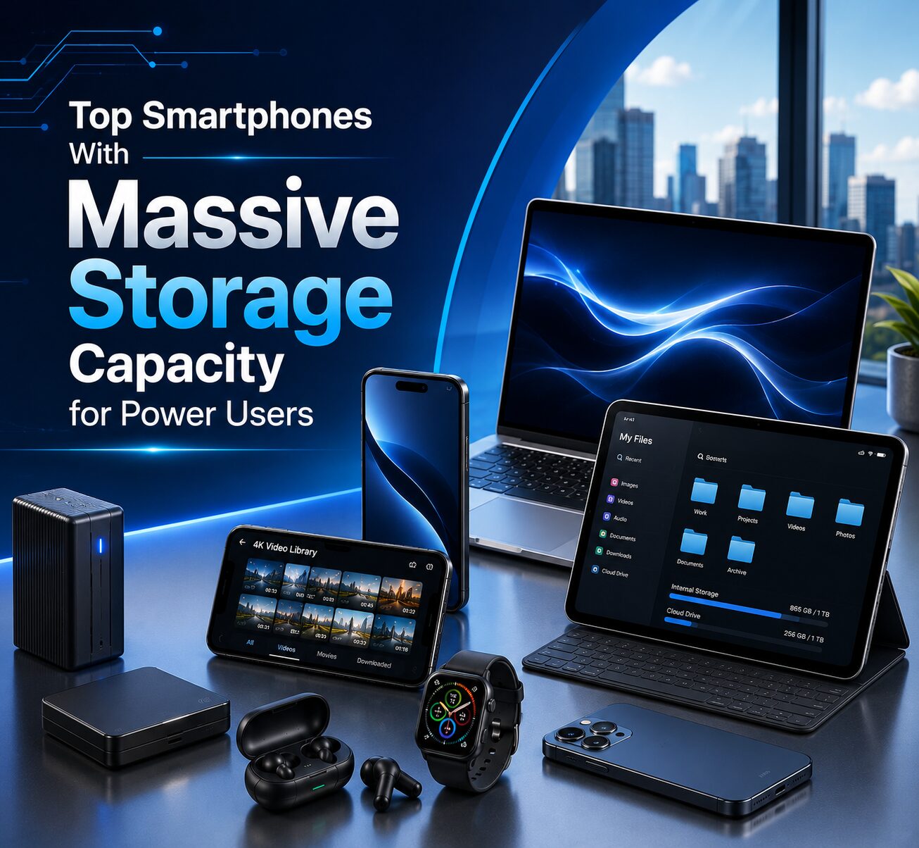 Premium smartphones featuring massive storage capacity, productivity tools, media libraries and powerful multitasking performance.