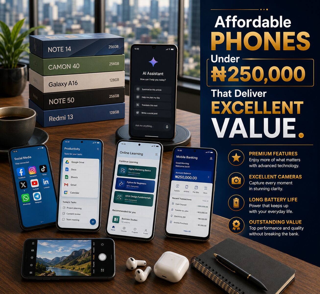 Affordable smartphones under ₦250,000 featuring premium designs, quality cameras, long battery life and reliable performance.