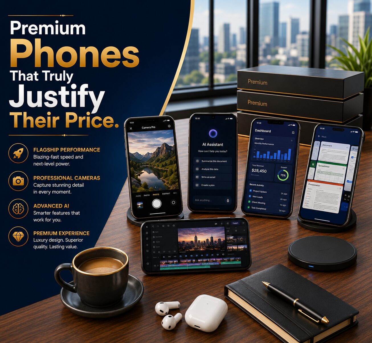 Premium flagship smartphones featuring advanced cameras, AI tools, luxury design, powerful performance and long battery life.
