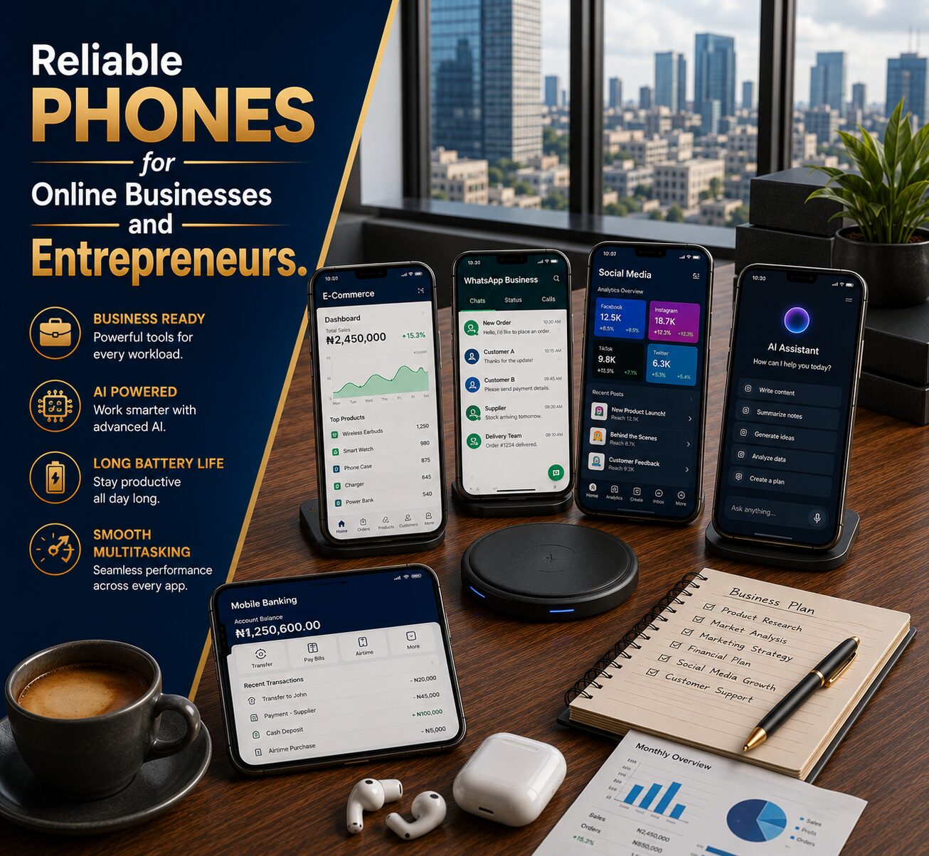 Reliable Phones for Online Businesses and Entrepreneurs Professional smartphone workspace featuring online business tools, productivity apps, AI assistants and entrepreneur workflows.