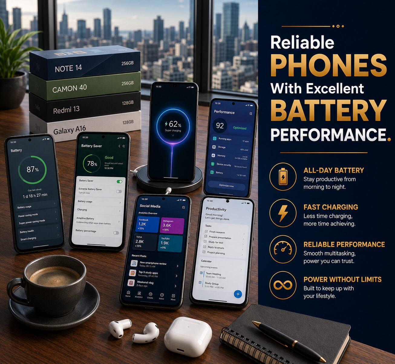 Modern smartphones with long-lasting batteries displaying productivity apps, AI tools, fast charging features and multitasking performance.