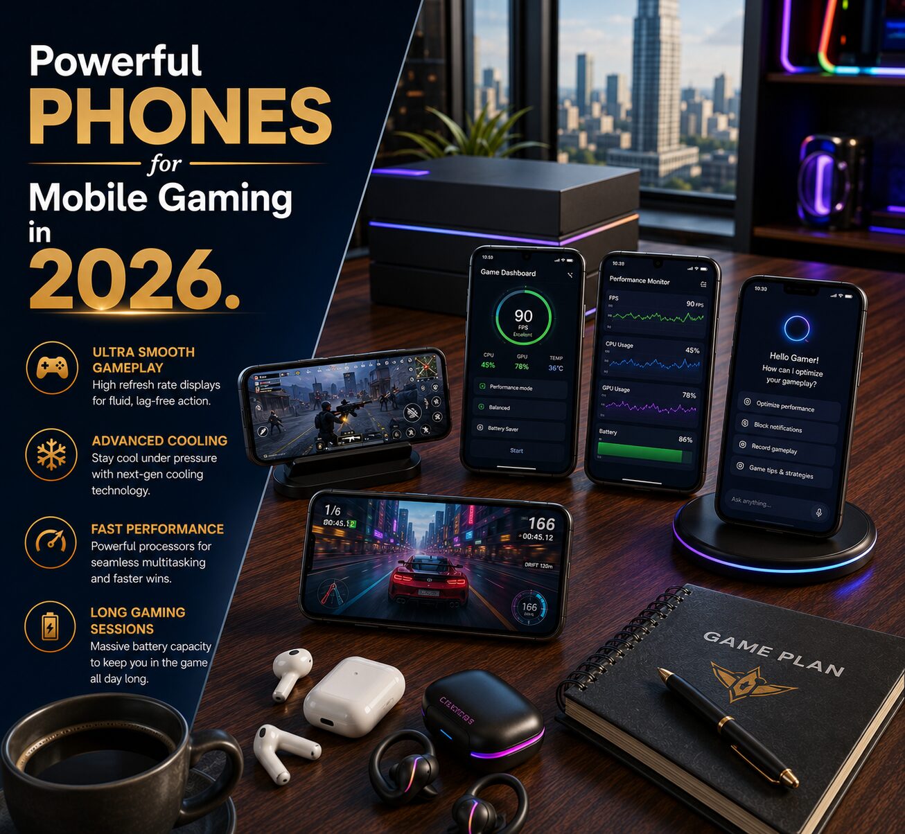 Premium gaming smartphones displaying high-performance mobile games, advanced cooling systems, fast processors and immersive graphics.