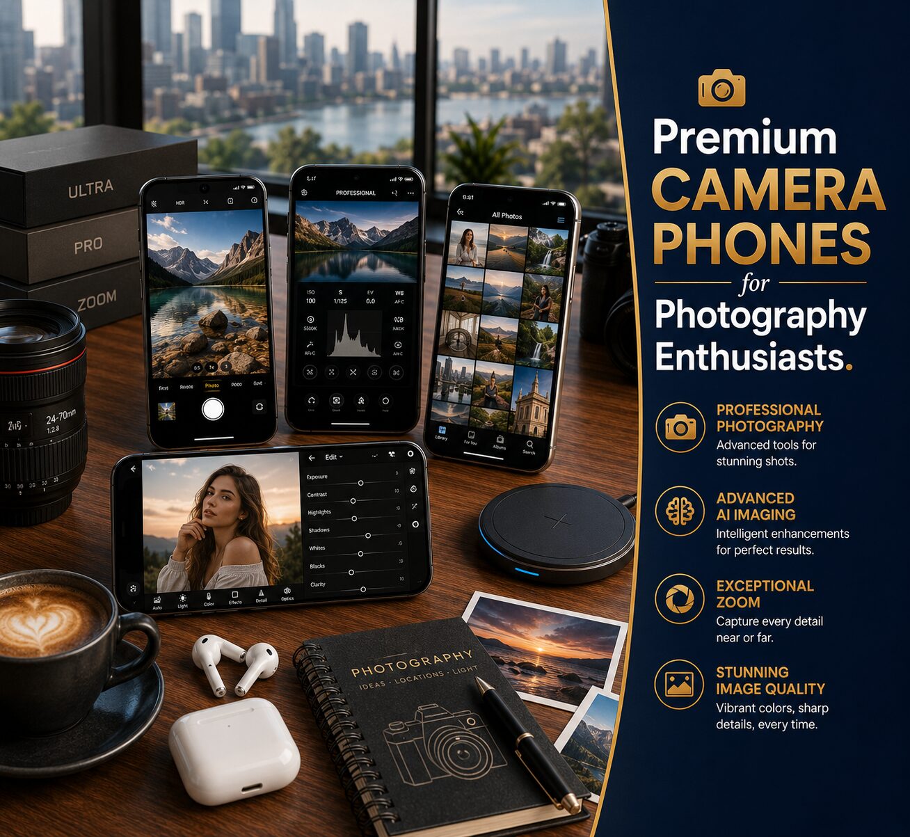Premium camera smartphones featuring advanced photography tools, professional lenses, AI imaging technology and exceptional photo quality.