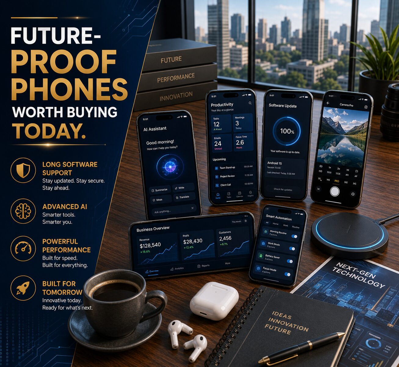 Future-proof smartphones featuring advanced AI tools, powerful performance, long software support and premium modern designs.