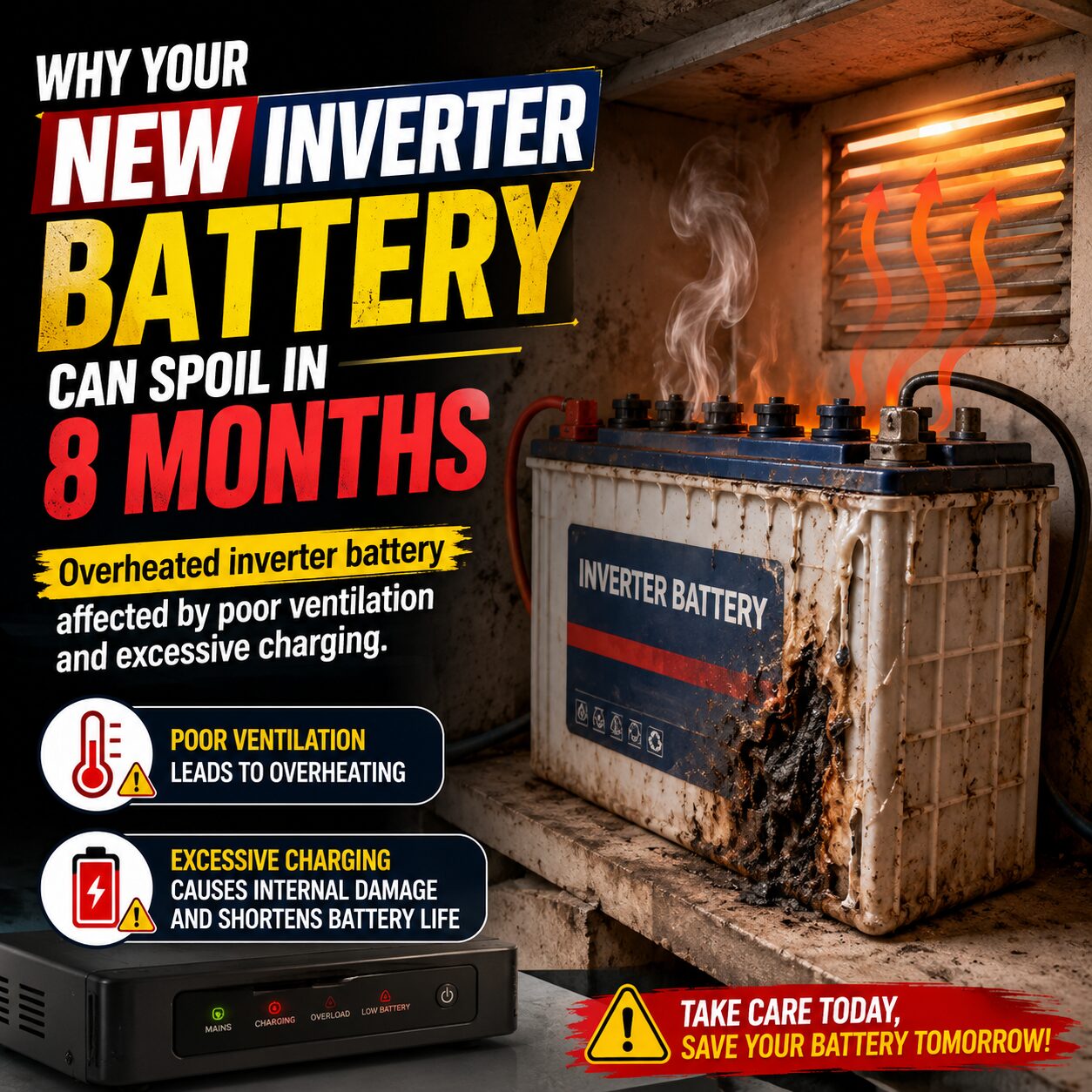 Overheated inverter battery affected by poor ventilation and excessive charging.