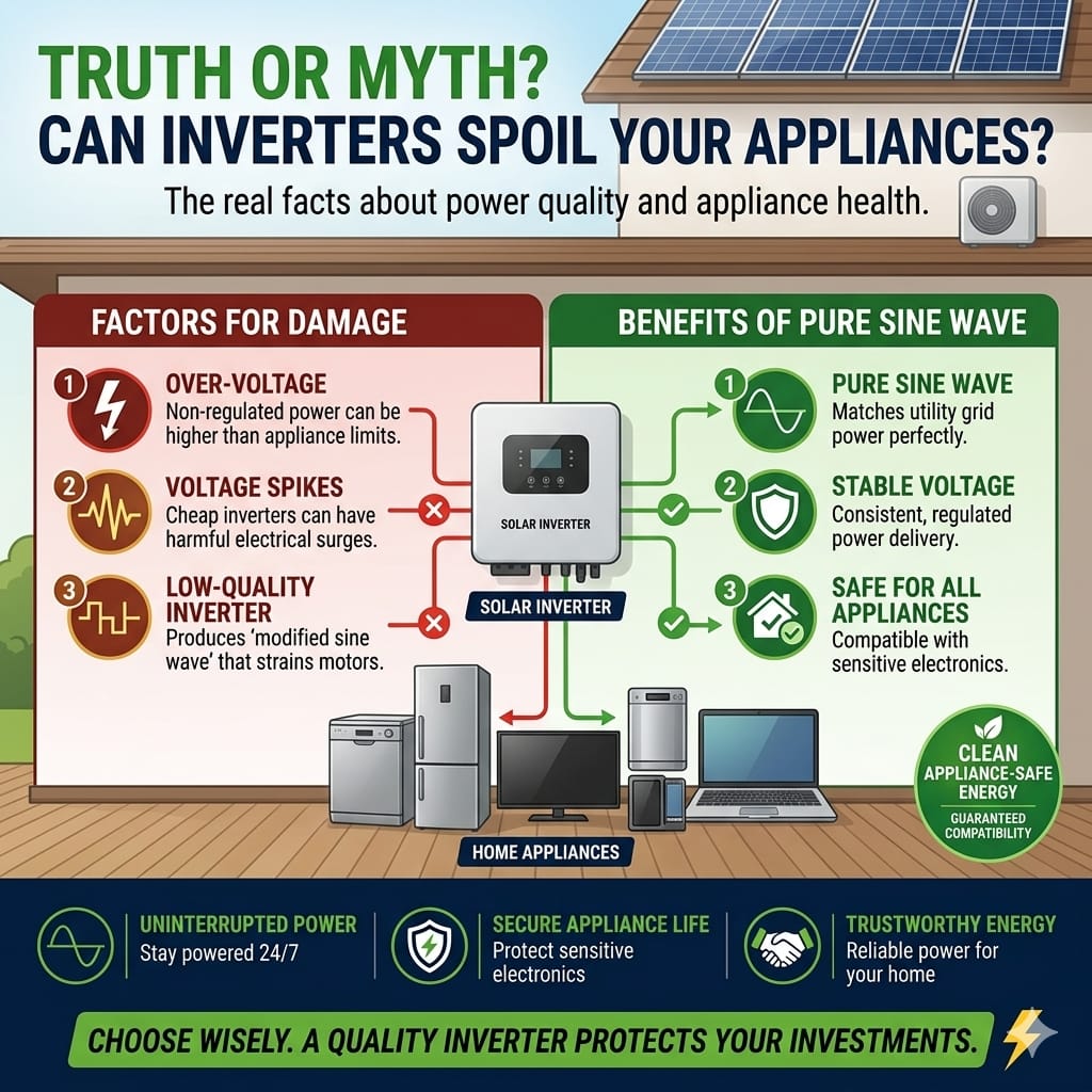 Inverter spoils appliances true or false showing modern inverter safely powering household electronics.