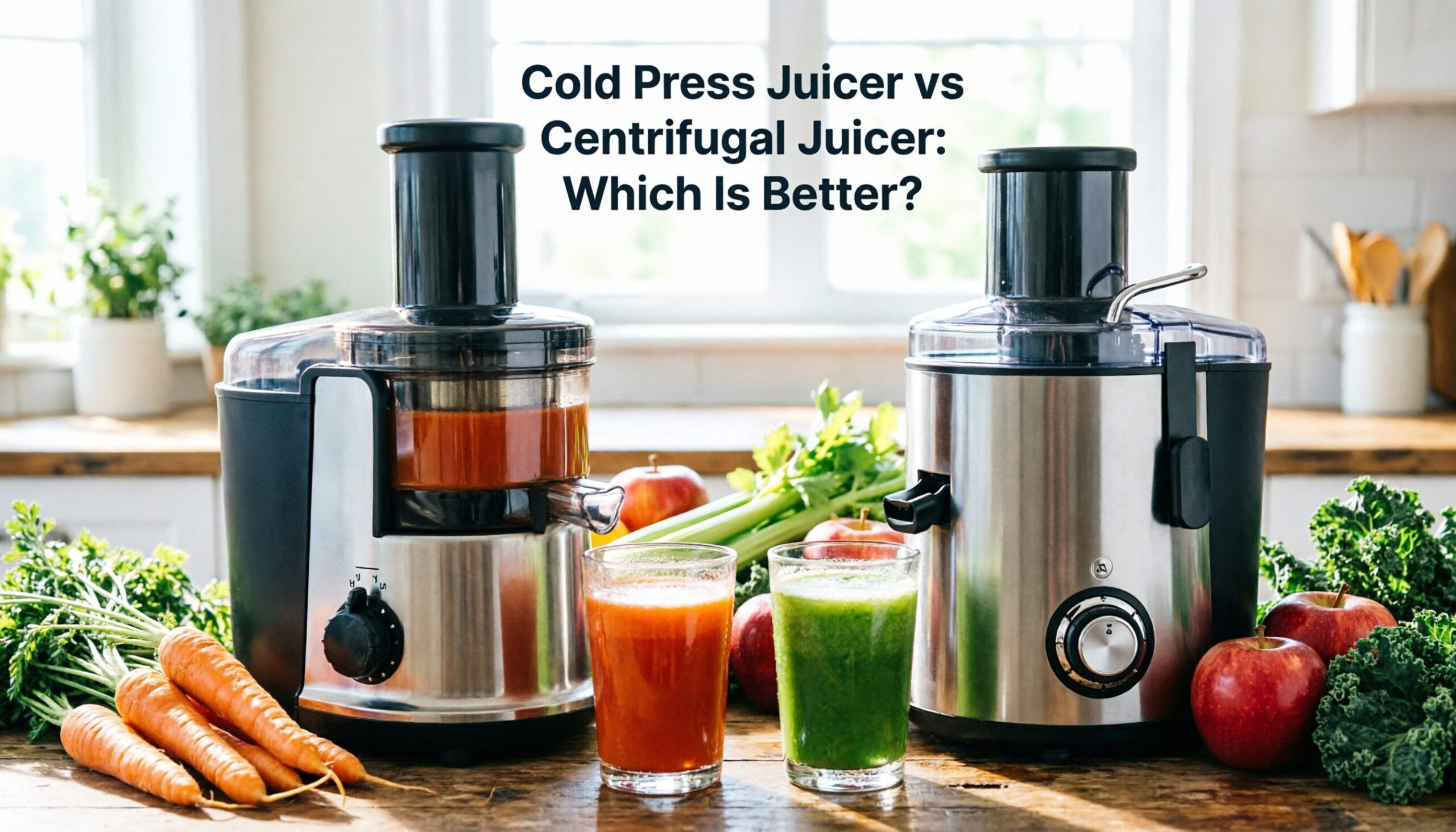 Cold Press Juicer vs Centrifugal Juicer: Which Is Better? Cold Press Juicer vs Centrifugal Juicer: Which Is Better? comparison showing both juicer types with fresh fruits, vegetables, and glasses of homemade juice.