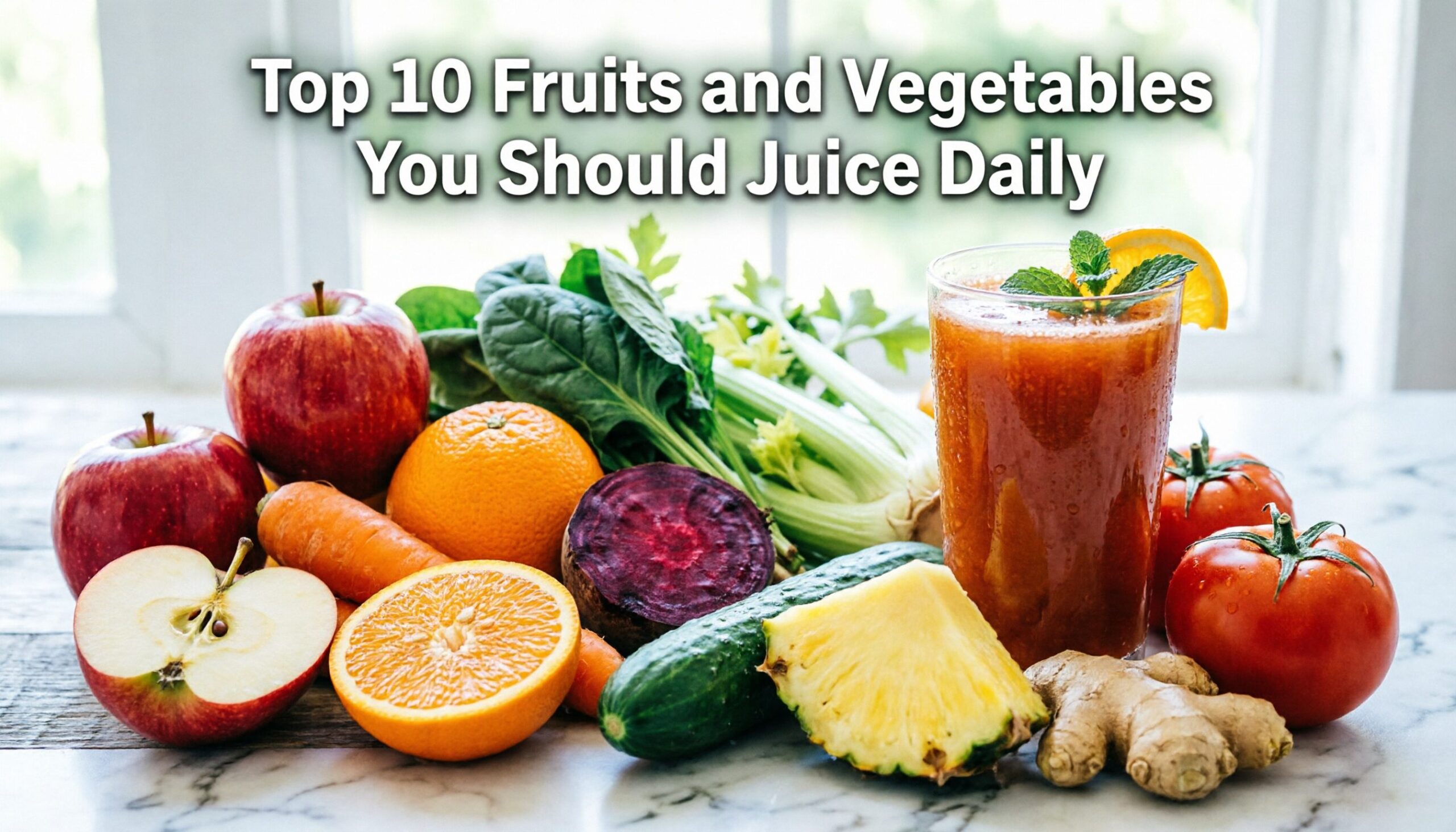 Top 10 Fruits and Vegetables You Should Juice Daily Top 10 Fruits and Vegetables You Should Juice Daily featuring apples, carrots, oranges, spinach, celery, beetroot, cucumbers, pineapple, ginger, and tomatoes beside fresh homemade juice.