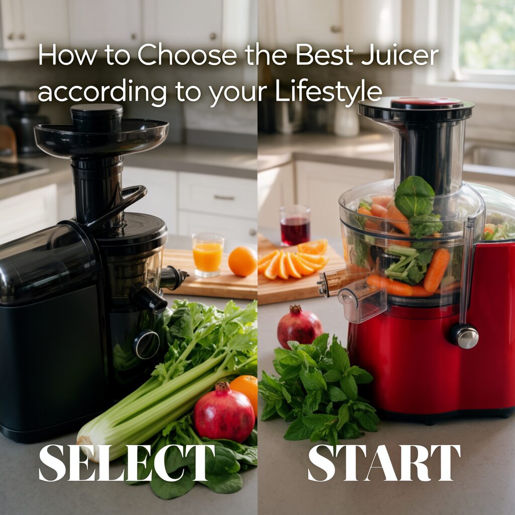 How to Choose the Best Juicer according to your Lifestyle showing cold press and centrifugal juicers with fresh fruits, vegetables, and homemade juice in a modern kitchen.