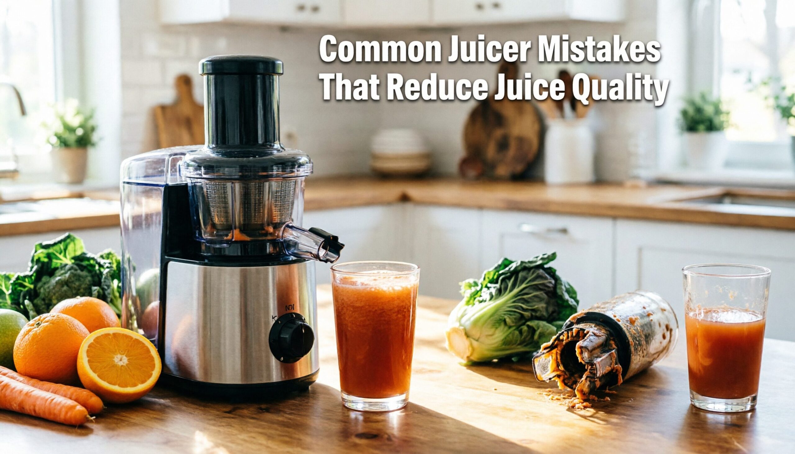 Common Juicer Mistakes That Reduce Juice Quality Common Juicer Mistakes That Reduce Juice Quality showing a home juicer with fresh fruits, vegetables, clean components, and properly prepared homemade juice.