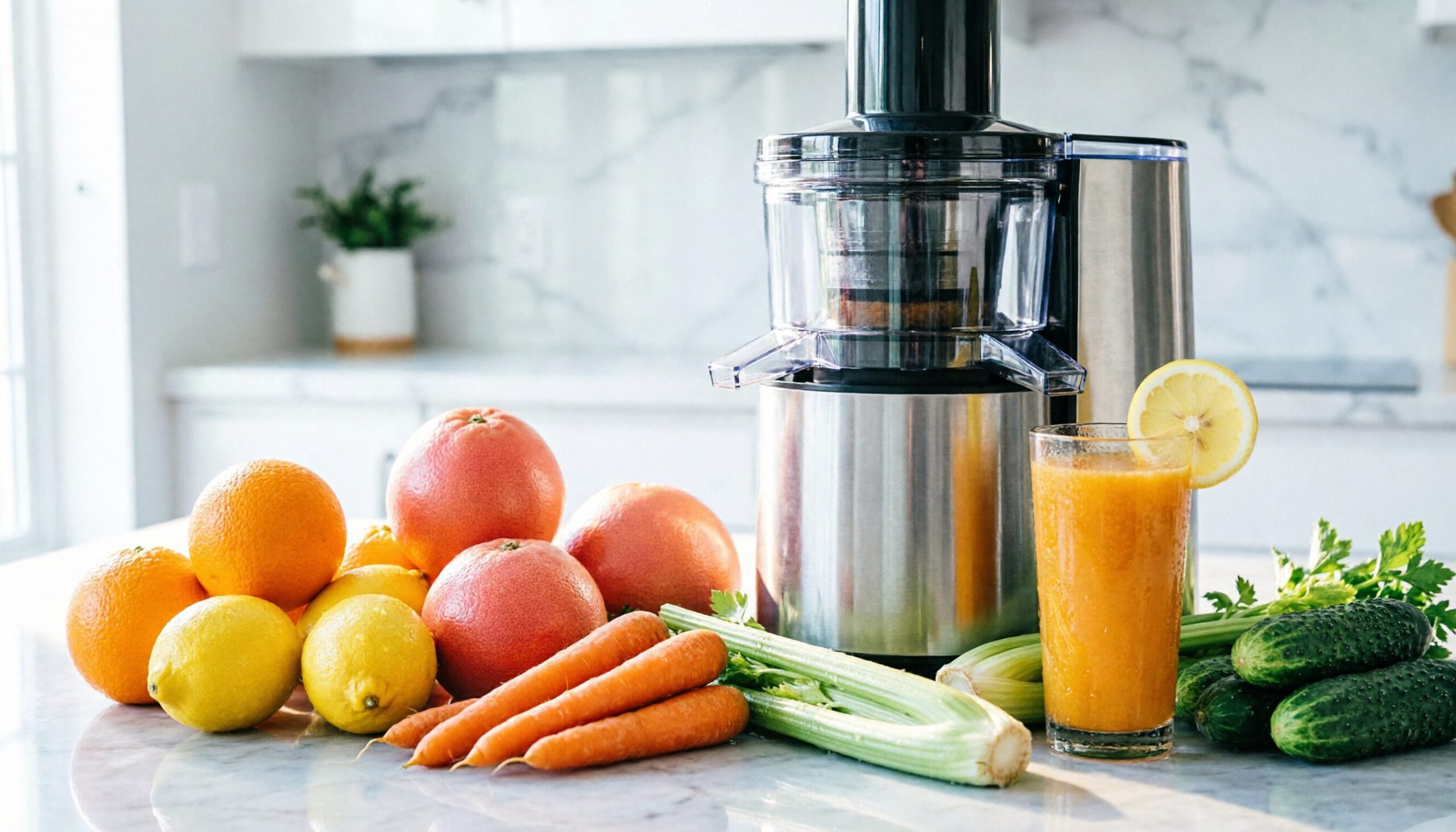 Best Juicer for Citrus Fruits and Vegetables Best Juicer for Citrus Fruits and Vegetables featuring oranges, lemons, grapefruits, carrots, celery, cucumbers, and fresh homemade juice beside a modern juicer.