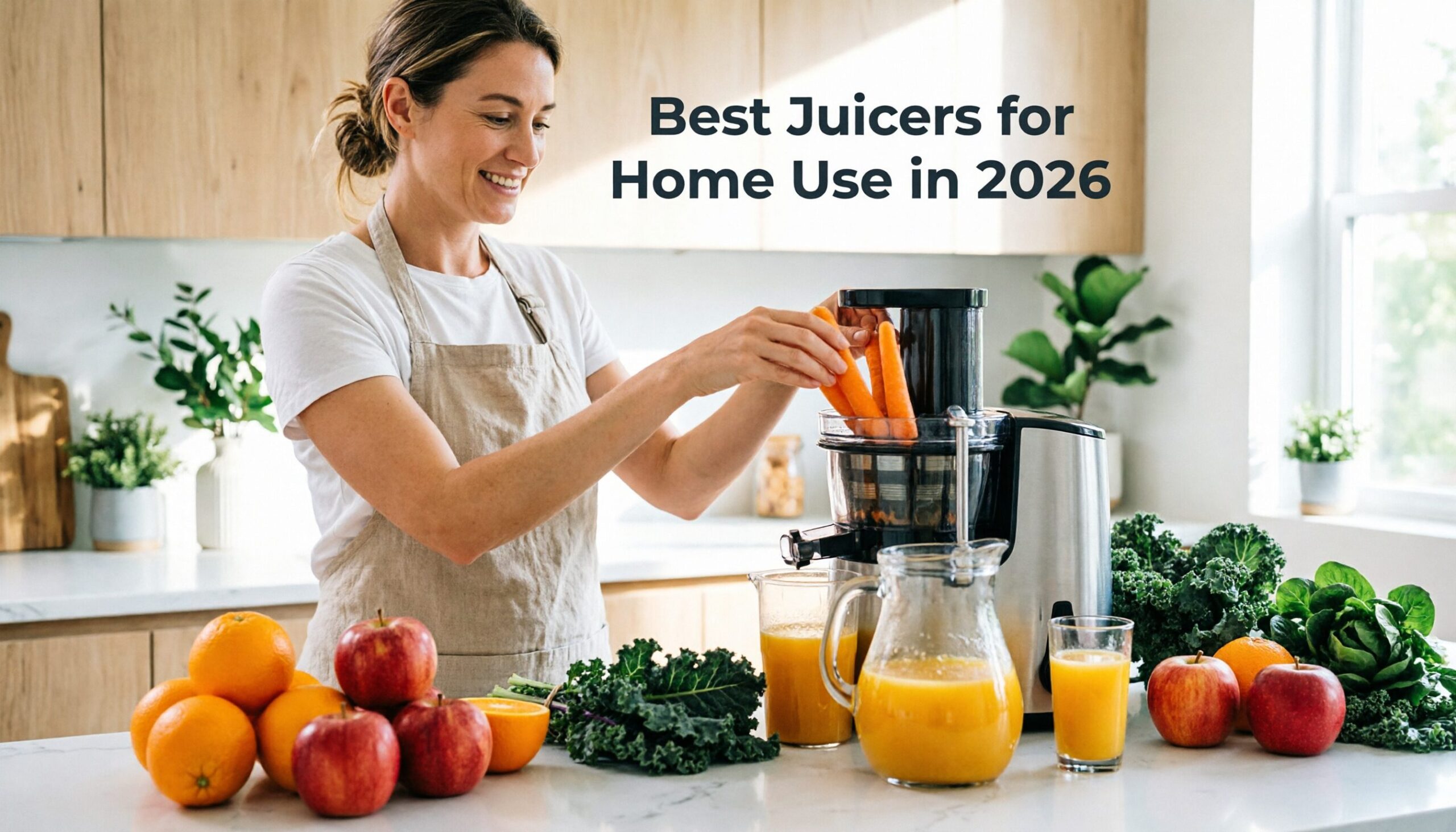 Best Juicers for Home Use in 2026 Best Juicers for Home Use in 2026 displayed with fresh oranges, apples, carrots, leafy greens, and homemade juice on a modern kitchen countertop.