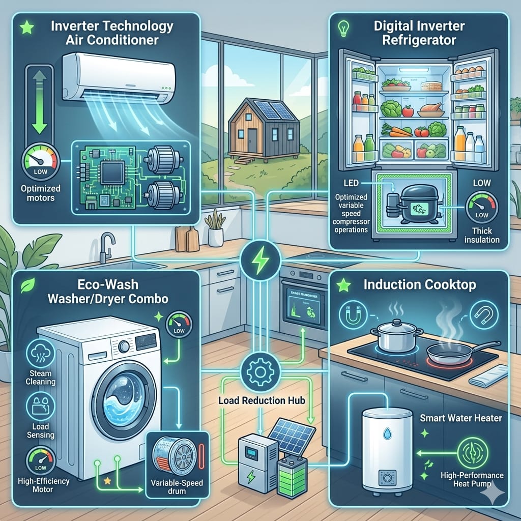 Energy-Efficient Home Appliances That Reduce Generator and Inverter Load Energy-Efficient Home Appliances including LED TVs, inverter refrigerators, LED bulbs, and energy-saving devices reducing power consumption.