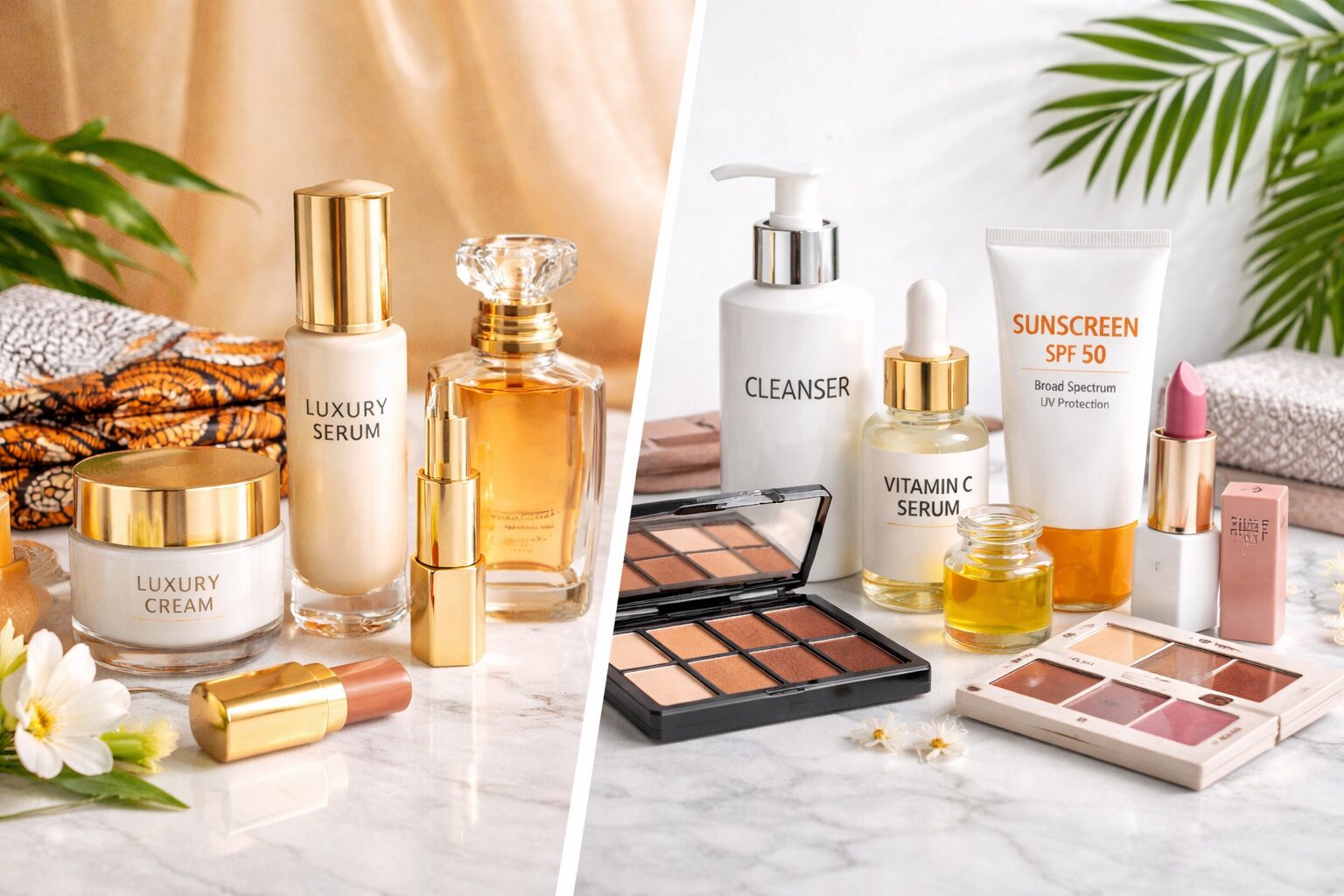 Luxury and affordable beauty products displayed side by side for comparison in a modern beauty setup Lagos Nigeria