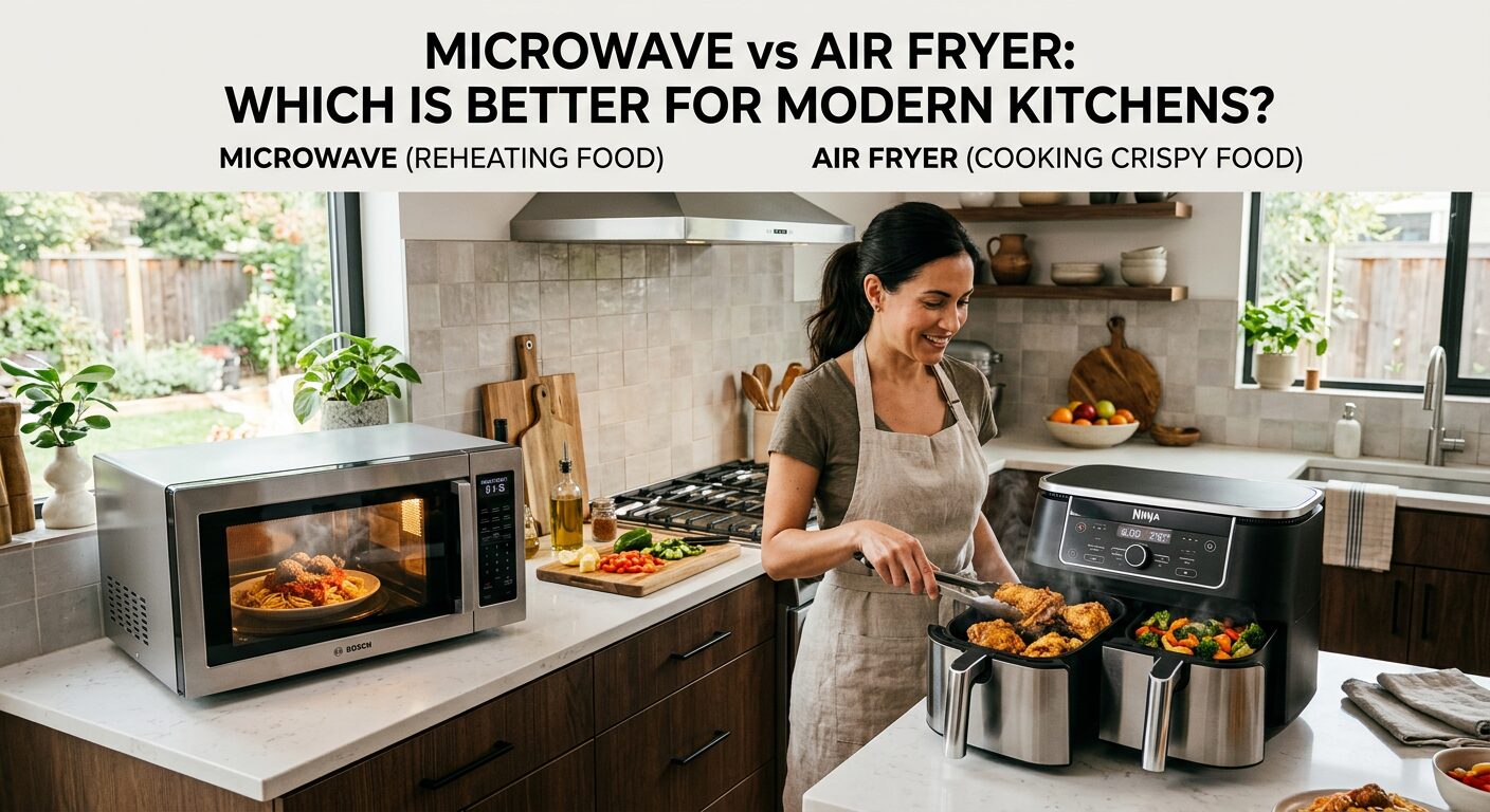 Microwave vs Air Fryer: Which Is Better for Modern Kitchens showing a modern kitchen with a microwave reheating food and an air fryer cooking crispy chicken and vegetables.