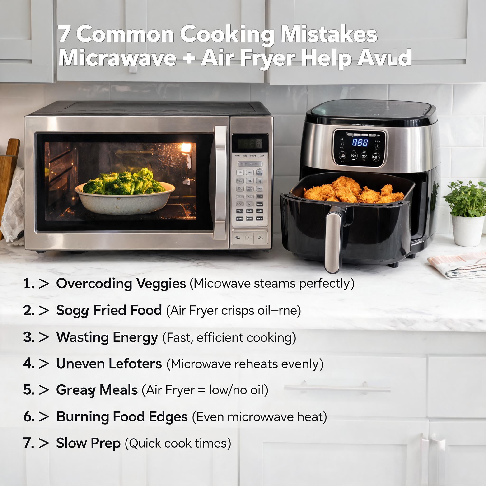 7 Common Cooking Mistakes a Microwave and Air Fryer Can Help You Avoid featuring a modern microwave and digital air fryer preparing healthy meals in a contemporary family kitchen.