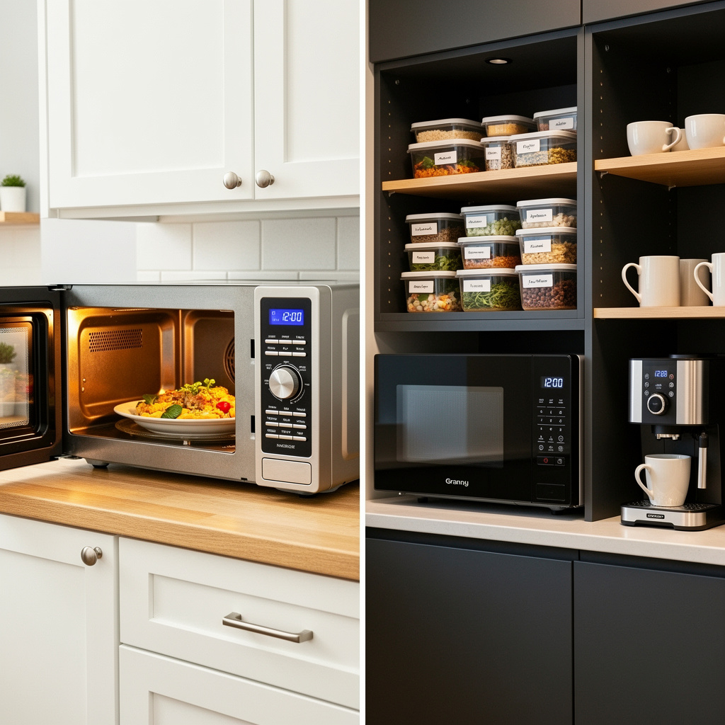How to Choose the Right Microwave for Your Home or Office showing a modern kitchen and office pantry with stylish microwave ovens, prepared meals, and easy-to-use digital controls.