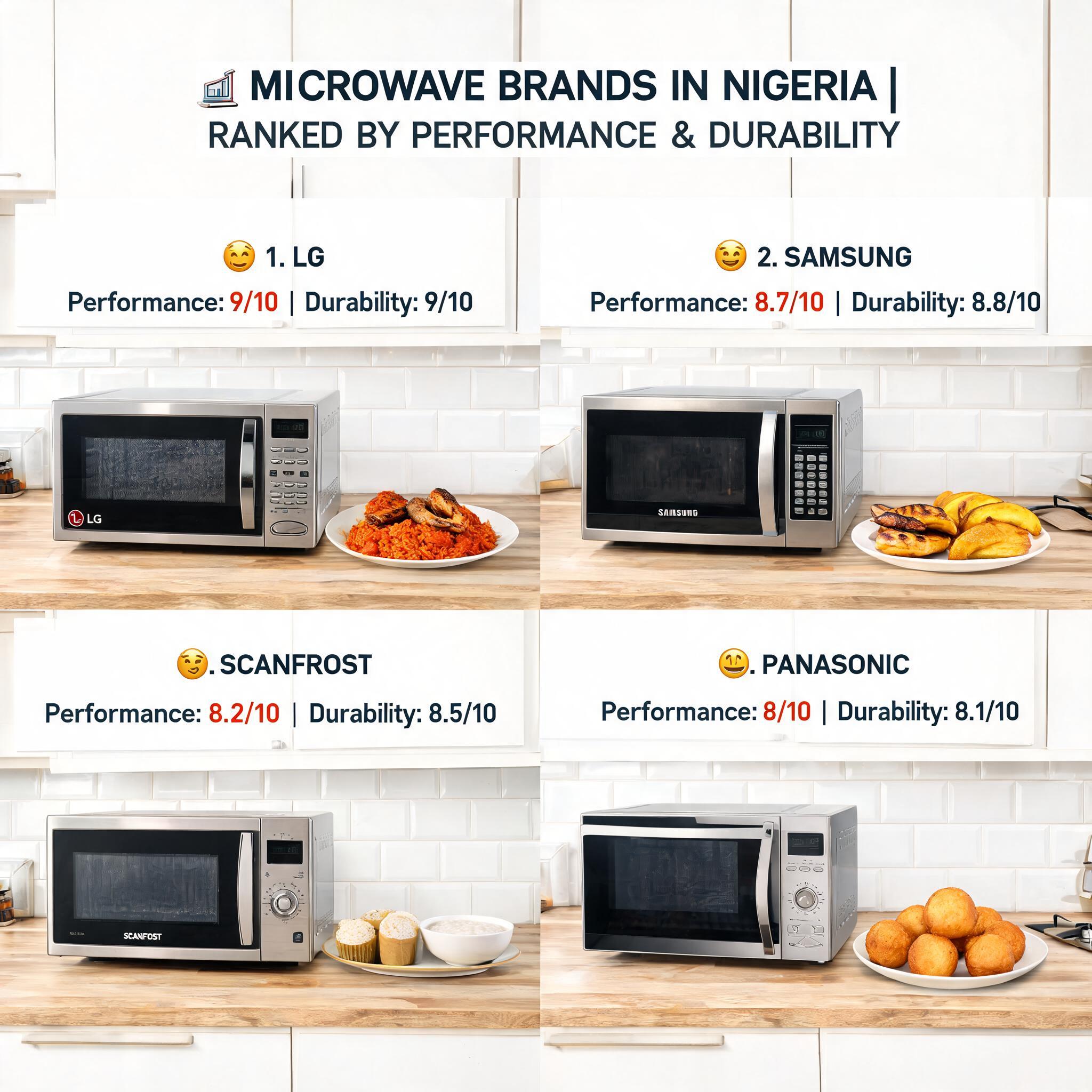 Microwave Brands in Nigeria Ranked by Performance and Durability showing a selection of modern microwave ovens from leading brands displayed in a contemporary kitchen with prepared meals.