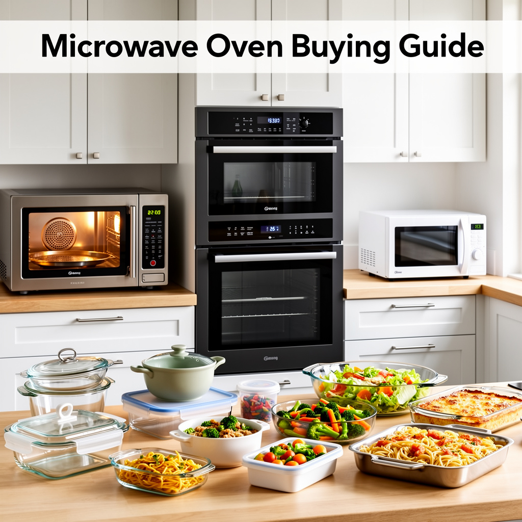 Microwave Oven Buying Guide featuring modern microwave ovens in a stylish kitchen with digital controls, prepared meals, and microwave-safe cookware.