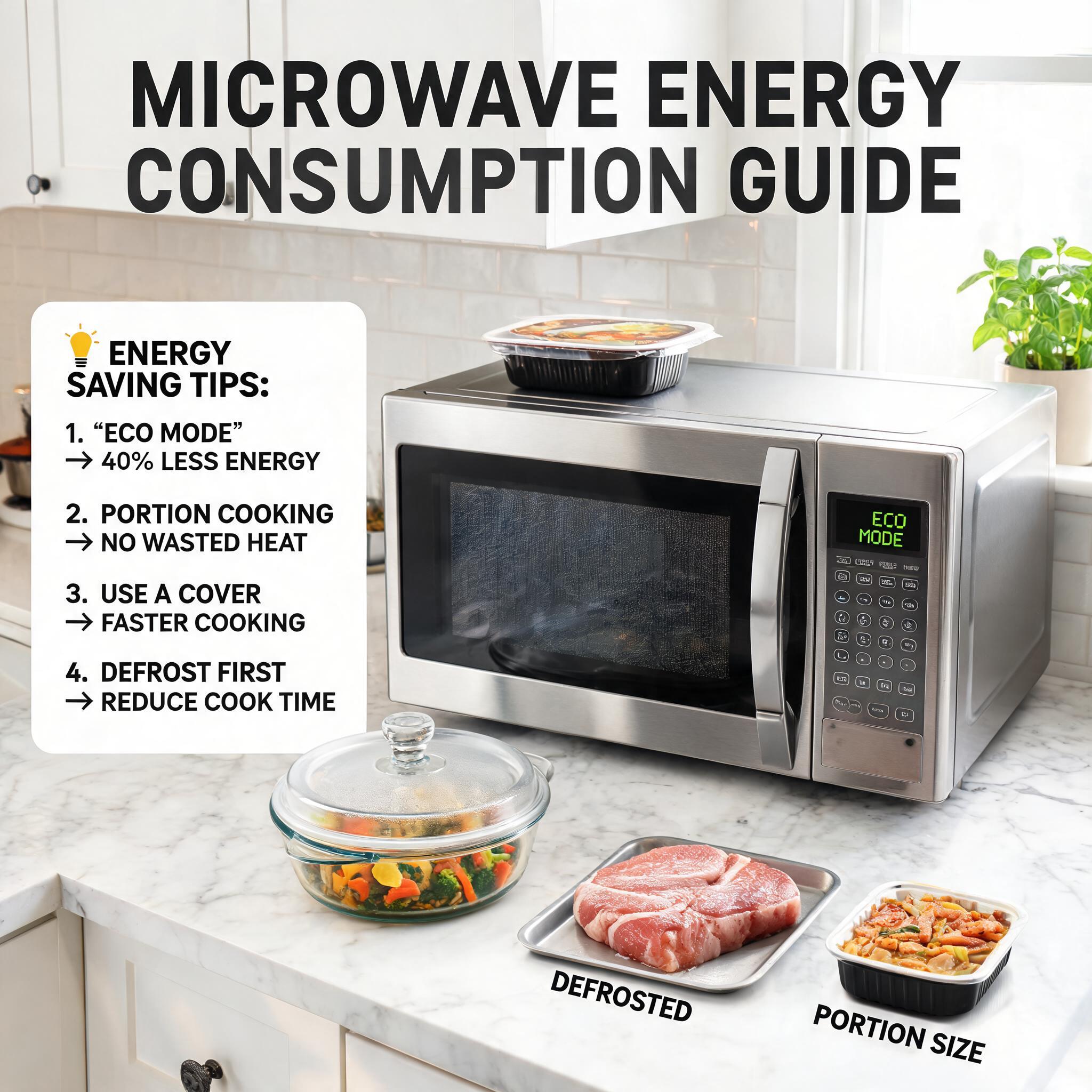 Microwave Energy Consumption Guide Microwave Energy Consumption Guide showing a modern energy-efficient microwave oven in a stylish kitchen with digital controls, prepared meals, and energy-saving cooking.