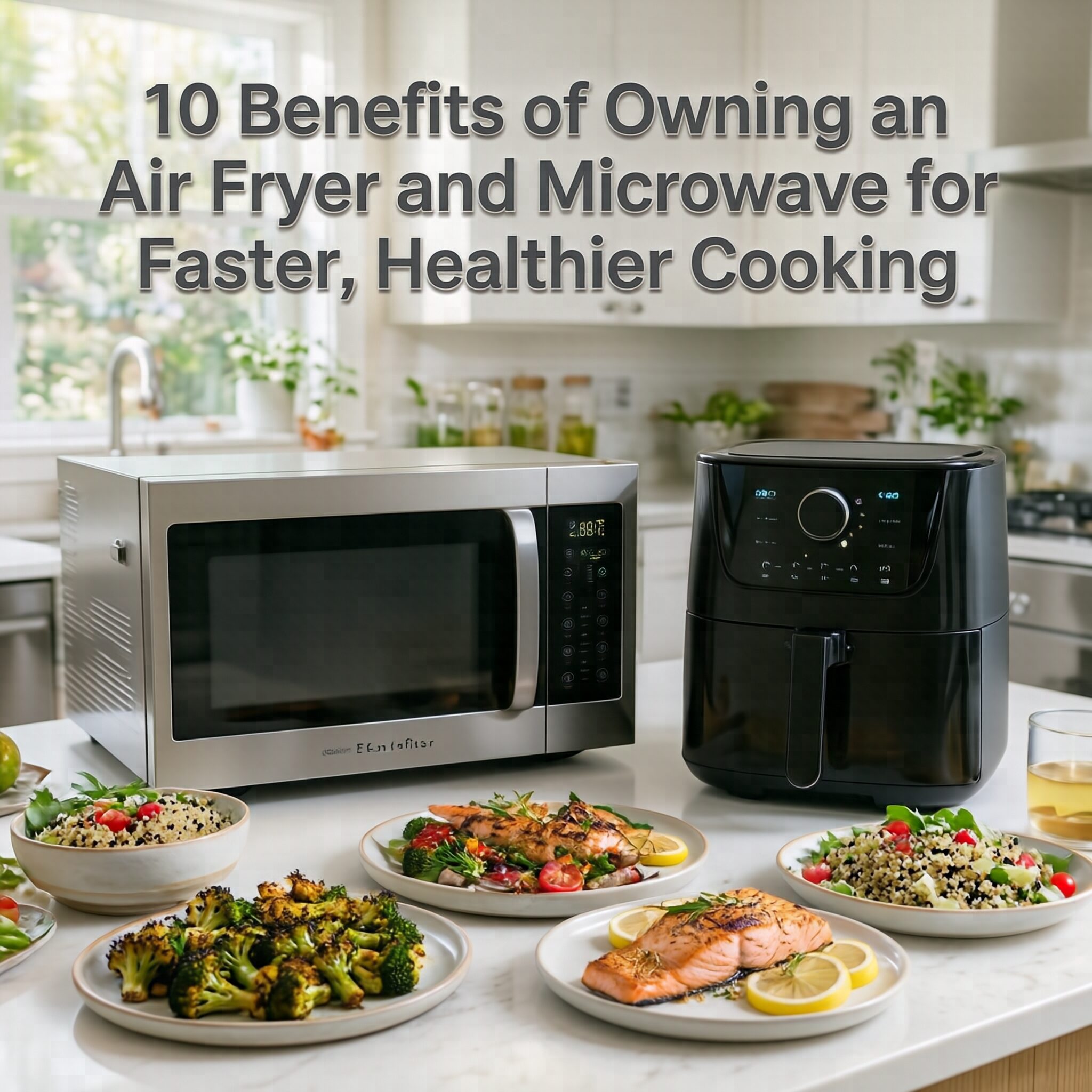 10 Benefits of Owning an Air Fryer and Microwave for Faster, Healthier Cooking showing a modern kitchen with a digital microwave, air fryer, and freshly prepared healthy meals on the countertop.