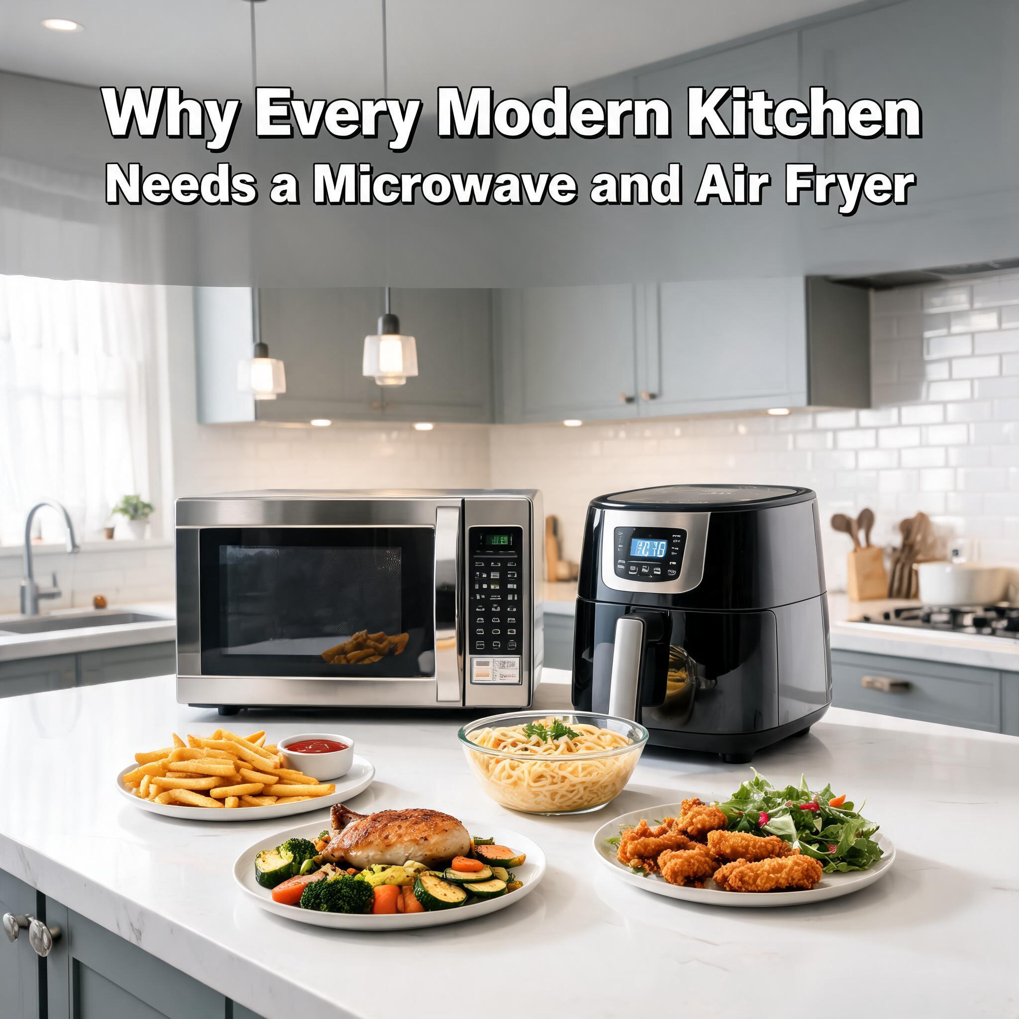 Why Every Modern Kitchen Needs a Microwave and Air Fryer showing a stylish contemporary kitchen with a microwave, digital air fryer, and freshly prepared healthy meals ready to serve.