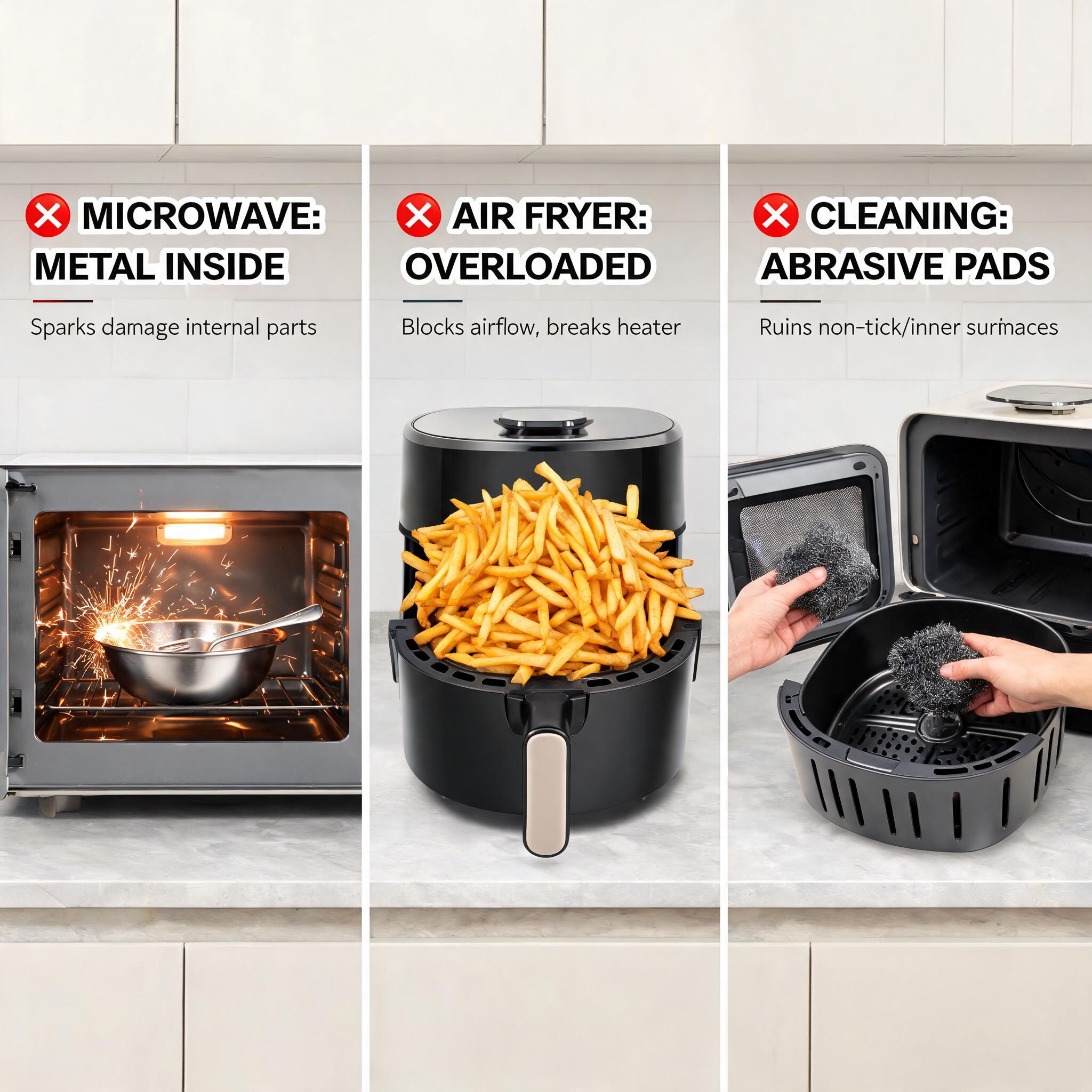 Wrong ways of using microwave and air fryer that can damage it showing unsafe usage examples such as metal in microwave, overloaded air fryer, and improper cleaning in a modern kitchen.